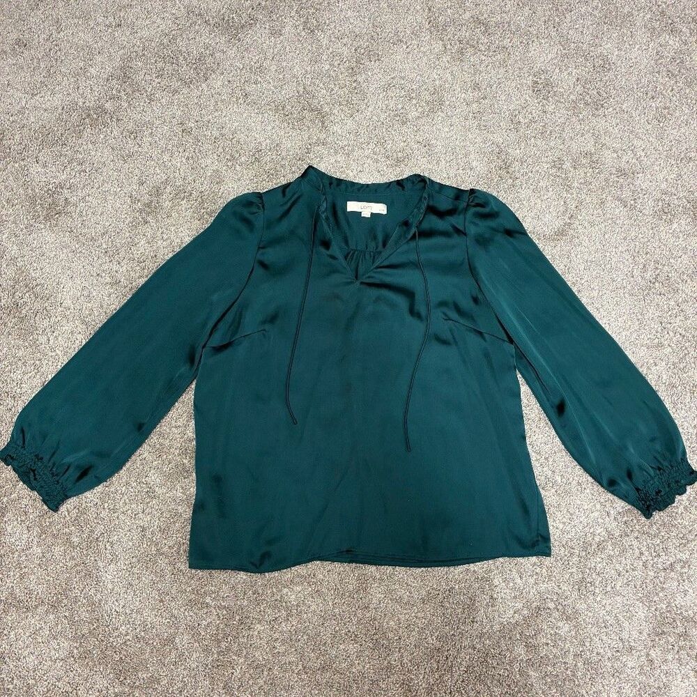 LOFT Petites Satin Blouse LP Teal Green Tie V-Neck Long Sleeve 100% Polyester